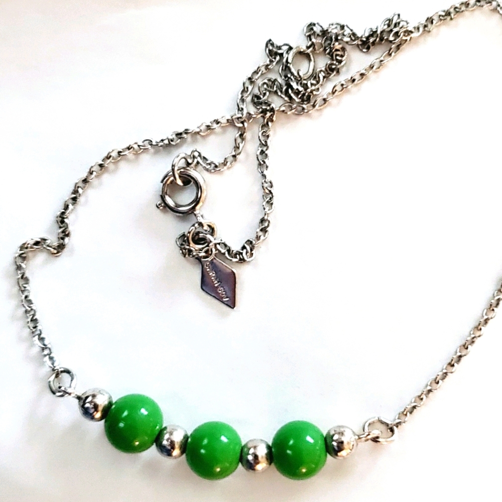 Vintage 1970 Sarah Coventry 16" SilverTone Necklace Lime Green Beads Collectible